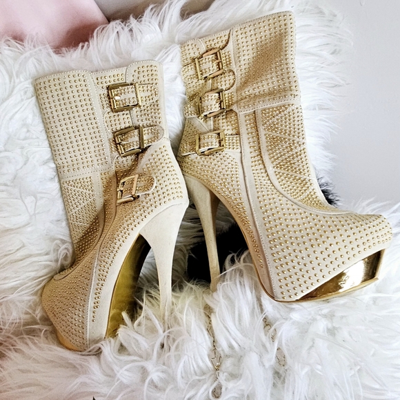 Exquisite Golden Studded Platform Mid-Calf Boots, Leather and Suede, S 7.5 H 6" - Picture 6 of 11